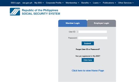 Sss philippines login. Member Login. User ID. Password. Forgot User ID or Password. Register. Download SSS Mobile App. SSS CITIZEN'S CHARTER. The Citizen's Charter is an official document that reflects the services of a government agency/office including its requirements, fees, and processing times among others. Read it here. 