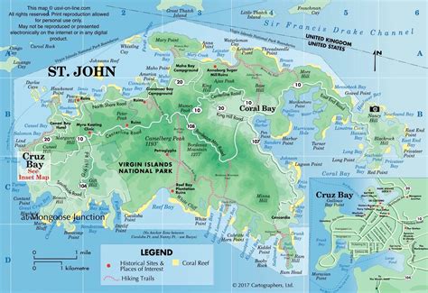 St john island map. St John is the smallest, most laid back, and tranquil of the four US Virgin Islands. You will be mesmerized by the turquoise waters and the untainted nature in the national park. Rent a jeep, go hiking on a trail, go snorkeling and enjoy the many treasures of this beautiful island. St. John factoids: - 7 miles by 3 miles wide. 