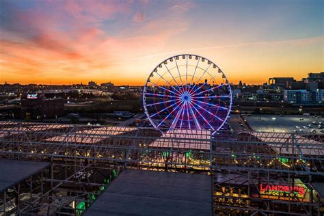 St louis wheel. The St. Louis Wheel™ is a 200-foot high observation wheel with 42 fully enclosed, climate controlled gondolas that seat up to six adults each. Wheel passengers will take three to four rotations high over the St. Louis skyline during the 15-minute ride. 
