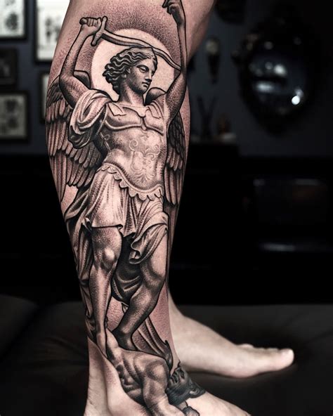 Check out my calf piece of St. Michael with a traditional style flare. Perfect for tattoo enthusiasts and fans of traditional tattoos.. 