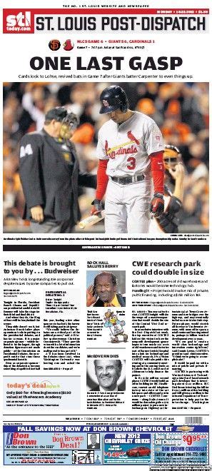 St. louis post dispatch sports. St. Louis Cardinals starting pitcher Miles Mikolas (39) tips his cap to the crowd after being pulled from the game in the fifth inning during Game 2 of the National League Wild Card series against ... 
