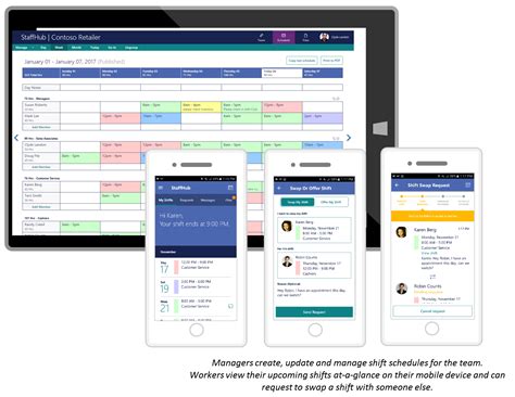 Staff hub. Microsoft StaffHub makes it easy for managers to create, update and manage shift schedules for their team, streamlining what has been a labor-intensive process. … 