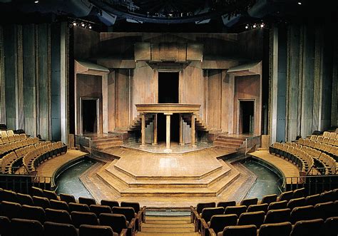 Stages theatre. Thrust Stage. A thrust stage, which has the audience is on 3 sides will thrust into the auditorium seating space. One of the most famous thrust stages of all time is Shakespeare’s Globe Theatre. This stage layout creates a more intimate feel between the performers and the audience than an end or proscenium stage does. 