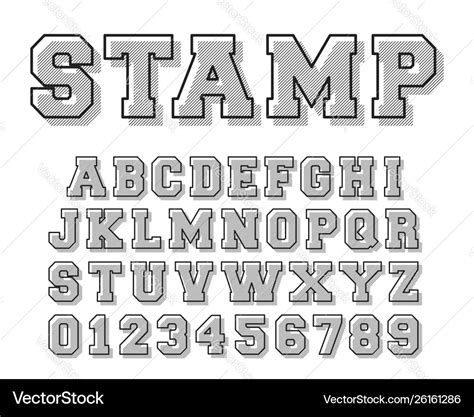 Stamp alphabet font template letters and numbers Vector Image
