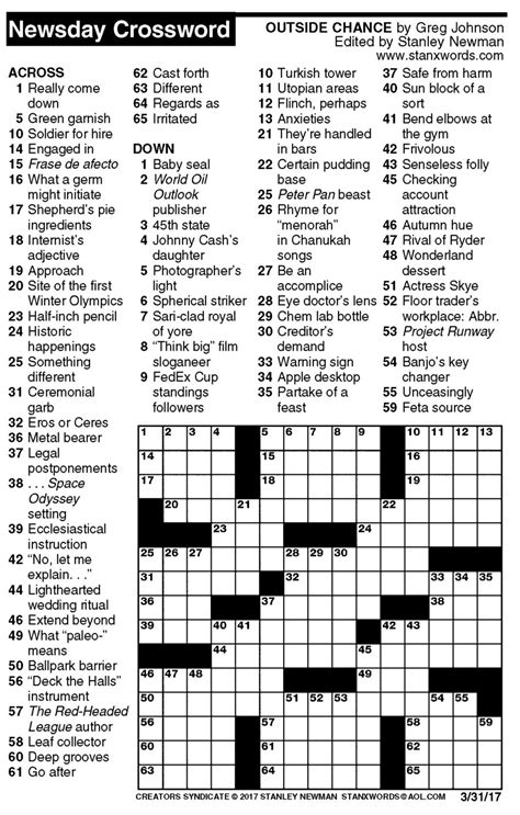 Stan's Daily Crossword delivers new crossword puzzles each day from Newsday's crossword editor, Stan Newman. Enjoy a brand-new puzzle today and tomorrow! Stan's Daily Crossword. Games home Stan's Daily Crossword. Advertisement. Player support. Contact Arkadium, the provider of these games.. 