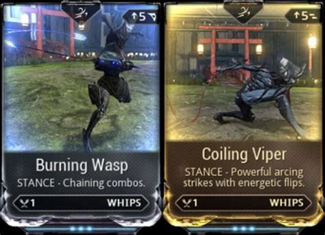 Coiling Viper is a stance mod for Whip type weapons. Wielders of this Stance trade range for highly mobile attacks. True to the namesake, the attack style of the stance greatly resembles a slithering Viper as opposed to Burning Wasp's flowing style. Can be equipped on: denotes weapon with matching Stance polarity Sourced from official drop table repository. The first attack of Tumbling King .... 