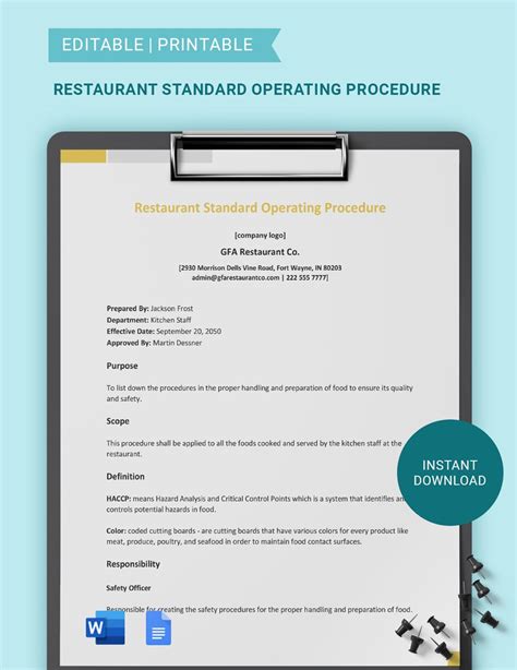 Standard Operating Procedures For A Restaurant Template
