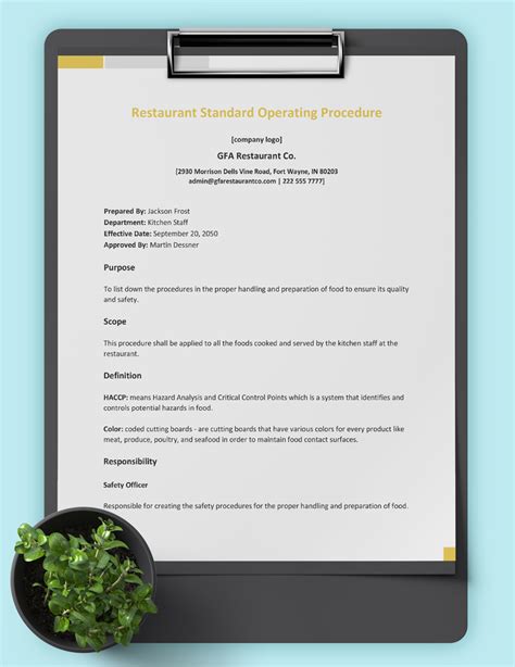 Standard Operating Procedures For A Restaurant Template