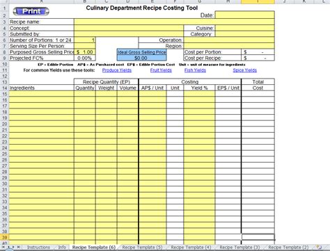 Standard Recipe Card Sample MS Excel Templates