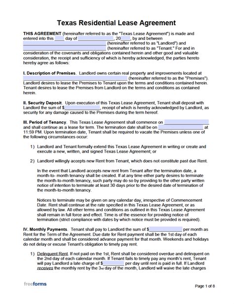 Standard Rental Agreement Form Free Texas Rental Lease Agreement
