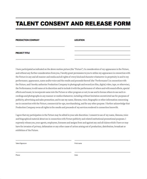 Standard Talent Release Form Release Forms Release Forms