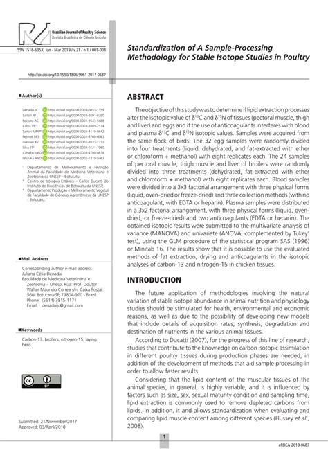 Standardization Of A Sample Processing Methodology For Stable Isotope Studies In Poultry