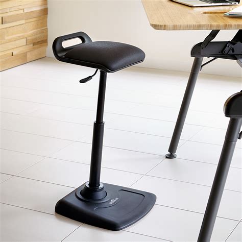 Standing stool. The Alaynia stand-up stool is an active seating solution that supports seated and standing-height positions and keeps you energized and productive all day. The pivoting base tilts forward to bring you closer to your work when desired while maintaining a healthier posture at all times. Achieve any position in any space by easily moving the ... 