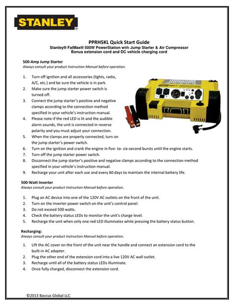 Stanley fatmax power station manual. The Stanley Professional Power Station has four USB ports to charge up tablets, phones and most USB devices on the go. The compressor fills vehicle tires, bicycle tires and sports equipment with ease. This jump-starter even has the ability to check for potential alternator issues. Features. Handle/roll bar; Negative (–) black clamp 