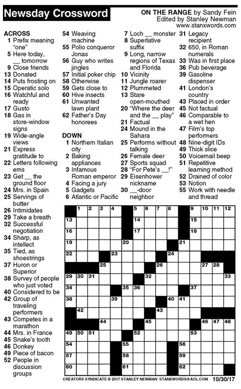 4 days ago · Newsday Crossword Puzzle Answers. This page is dedicated to all Newsday Crossword puzzle answers and solutions. It is updated every single day with the latest crossword clues. Newsday Crossword is edited by Stanley Newman, one of the most well-known crossword constructors of his era.