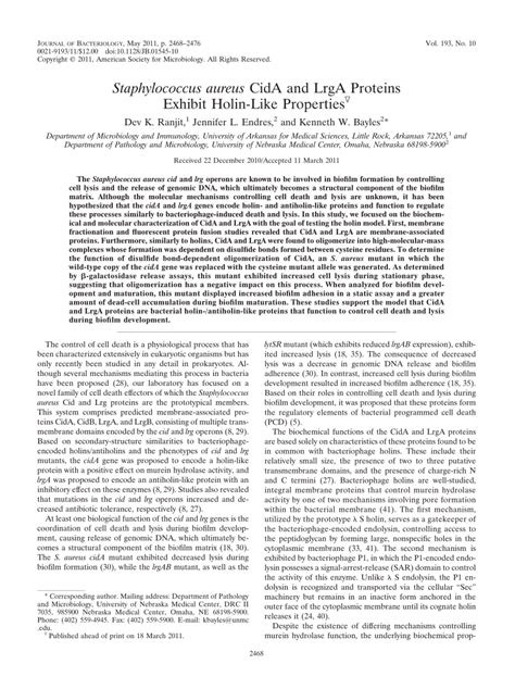 Staphylococcus aureus CidA and LrgA Proteins Exhibit Holin-Like …