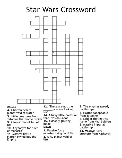 Star wars letters crossword. The Crossword Solver found 30 answers to "___: a star wars story", 3 letters crossword clue. The Crossword Solver finds answers to classic crosswords and cryptic crossword puzzles. Enter the length or pattern for better results. Click the answer to find similar crossword clues . Enter a Crossword Clue. A clue is required. 