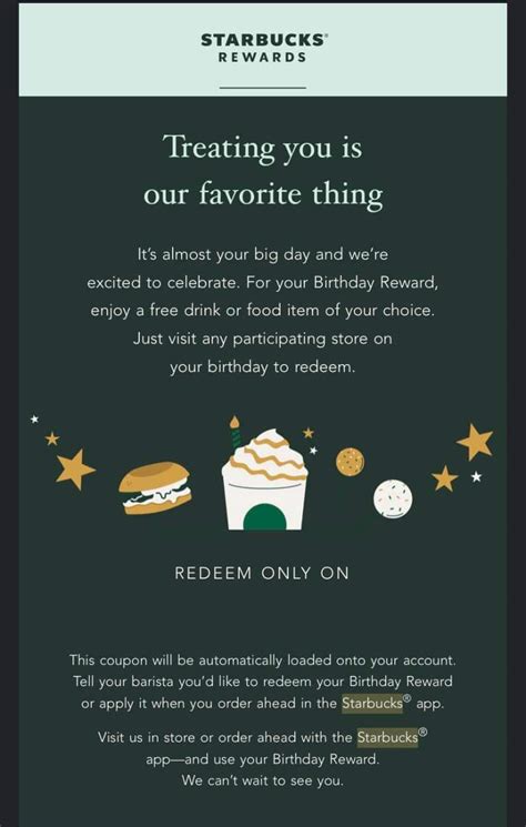 Starbucks birthday reward. Birthday treat is still available. You'll get a complimentary slice of cake with purchase of a handcrafted beverage during your birthday month. In fact, I got ... 