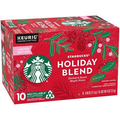 Starbucks K-Cup Coffee Pods, Holiday Blend Medium Roast Coffee, 100% Arabica, Limited Edition Holiday Coffee, 1 Box (32 Pods) ... Starbucks Blonde Roast K-Cup Coffee Pods with 2X Caffeine for Keurig Brewers,10 Count - (Pack of 6) Pod 10 Count ... Starbucks Holiday Bundle K-Cup Coffee Pods - Holiday Blend for Keurig Brewers - 3 ….
