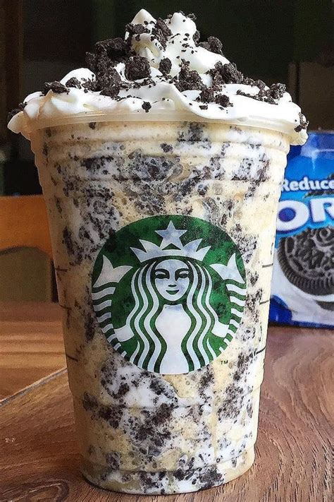 Starbucks oreo frappuccino. 2. Then add 1-2 shots of your freshly brewed espresso. (strong coffee is fine if you dont have espresso) 3. Next, throw in your 4 Oreos. 4. put in the sugar. 5. Scoop in your nutella for some hazelnutty deliciousness. 6. Add in your milk, and blend, chop, puree the mixture until all of your ice chunks have been demolished into tiny chips. 