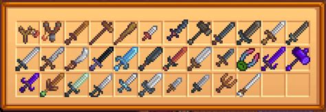 Stardew best sword. Weapons are used to deal damage and fight monsters. Weapons are quite unlike other tools, as firstly they do not cost energy to use, and secondly they are not upgraded at the Blacksmith. Instead, most weapons can be found as monster drops, purchased from the Adventurer's Guild, or found in chests in the Mines. Most weapons … 