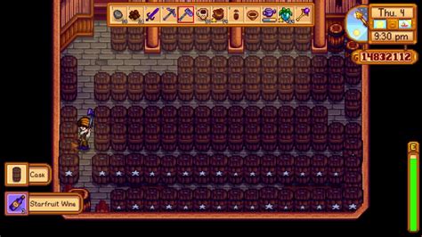 Stardew starfruit wine. Casks are a slightly different story, considering that the limiting factor to casks is how many you can fit in the cellar (189 max) and it takes the same amount of time no matter the wine, the starfruit is the better option. One year of aged ancient fruit wine = 1,746,360g profit. One year of aged starfruit wine = 2,230,200g profit 