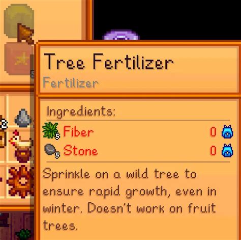 Stardew tree fertilizer. Recipe: 2 Sap. Quality Fertilizer: A step-up from Basic is the Quality Fertilizer. This adds even more quality to the soil, and further increases chances to grow quality veggies. Again, spread... 