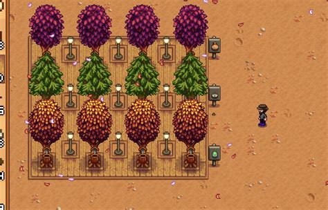 Stardew tree spacing. A Fruit Tree is planted directly into untilled ground. Fruit trees can grow in the Greenhouse, in the center soil or around the border. Fruit trees planted in the greenhouse or on Ginger Island will bear fruit every day after maturity, and will not change color according to the season . Fruit trees can be chopped down, and yield normal wood. 