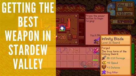 The Galaxy Sword is one of the most powerful weapons in Stardew Valley. This weapon can deal up to 80 damage per hit, with 60 as its base damage. Additionally, this sword has a buff to attack speed (+4) which further increases your farmer’s damage-per-second. You’ll need to get this sword before you can unlock other Galaxy Weapons and the .... 