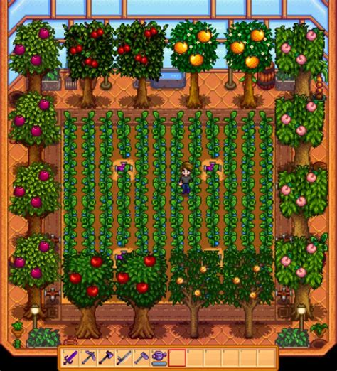 Stardew valley fruit trees spacing. Fruit trees will mature as they age in years, producing higher quality fruits the longer you keep them. Fruit Tree Cons. Taking 28 days to grow means that you're going to be waiting a while. Fruit Trees will require 8 squares of space around the initial planting area, so they can take up quite a bit of room after a while. 