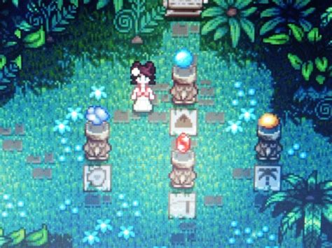 Stardew valley hidden shrine in rainforest. Every time it rains a single bird appears on the island that drops a gem when approached. You need to put the gem on the pedestals according to where you found the bird/gem, which is random for your save. So if you find a green bird on the northern part of the island it will drop an emerald that goes on the northern pedestal. 