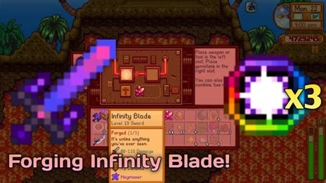 Stardew valley infinity blade. The Infinity Gavel is a club weapon that can be obtained by combining the .mw-parser-output .nametemplate{margin:2px 5px 1px 2px;display:block;white-space:nowrap}.mw-parser-output .nametemplateinline{margin:2px 0 1px 2px;display:inline;white-space:nowrap}.mw-parser-output .nametemplate img,.mw … 