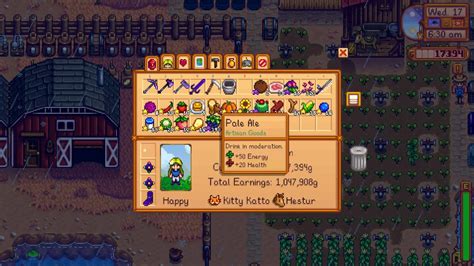 Stardew valley pale ale. Stardew Valley is an open-ended country-life RPG with support for 1–4 players. (Multiplayer isn't supported on mobile). ... it is the pale ale. which put into kegs only takes 1.6 days to produce vs the 7 days of ancient fruit wine. also hops are harvestable daily after it matures while ancient fruit take 7 days. 