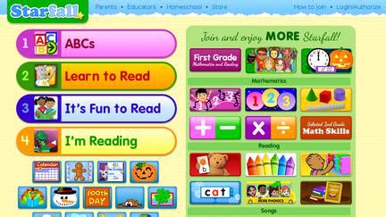 Starfall website. Contains Starfall's sequential phonics series of 15 books with fun letter-pal characters (Zac the Rat, Peg the Hen, etc.). Encourage your student to read books in order. FUN!: Fun to Read. Children learn to identify the shapes of words. Includes the popular All About Me avatar, phonics magic, rhyming tongue twisters, art, music, and poetry. 