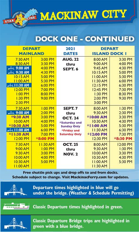 2021 Star Line Ferry Schedule. Star Line Ferry schedule for 2021, showing departure times from each of their Mackinaw City and St. Ignace docks. Schedules subject to change without notice. Quick Links: Pirate Ship Departures - Mackinaw City Dock to Mackinac Island Dock One; Mackinaw City Dock - 801 S Huron Ave, Mackinaw City, MI 49701. 