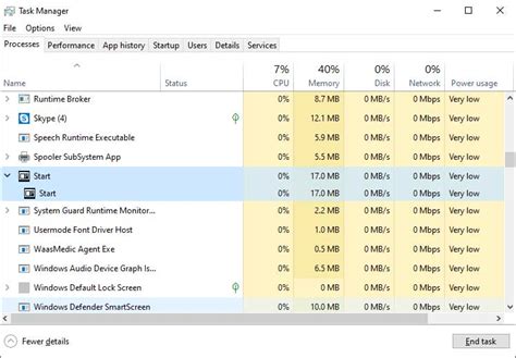 Start in task manager