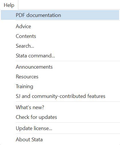 Stata pdf documentation. .  Each help file has the manual s Stata's docu...