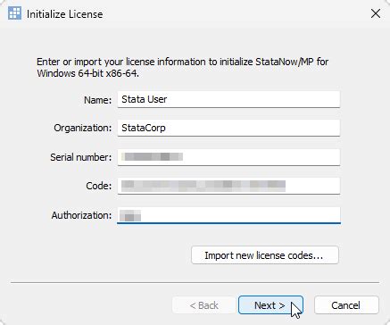 Stata serial number code authorization.  Enter them as shown on your Stata licence (in yo...