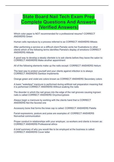 State Board Nail Tech Exam Prep complete questions and answers