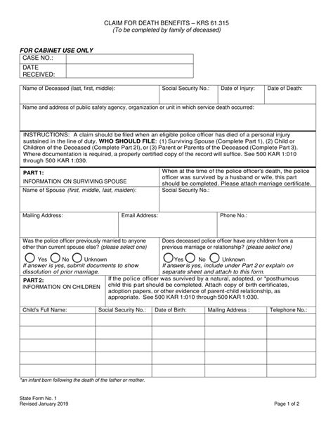 State Form 1 Download Fillable PDF or Fill Online Claim for Death