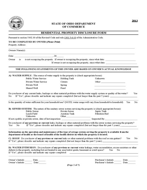 State Of Ohio Property Disclosure Form PRORFETY
