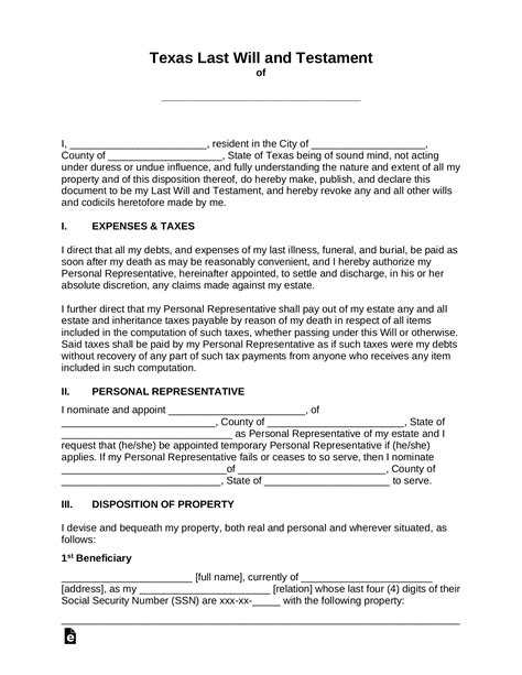 State Of Texas Last Will And Testament Template