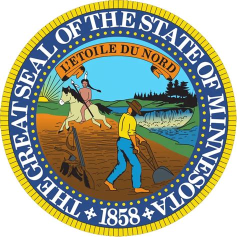 State of minnesota seal. 19 stars fill the sky to represent MN as the 19th state to join the union after the original 13. The large North Star represents Minnesota. Elements from the previous seal are used: the circular ... 