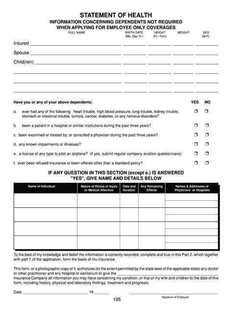 Statement of Health Form for Employment Fill Out and Sign Printable