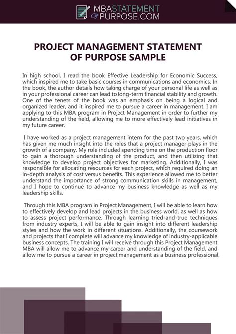 Statement of Purpose for Project Management... Project management, Management, Purpose statement