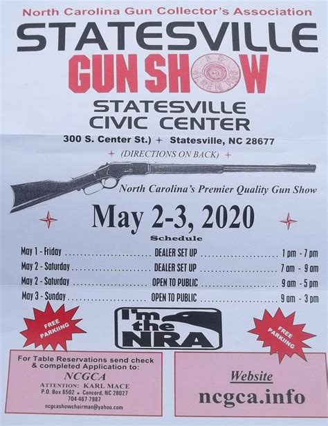 The NCGCA Statesville NC Gun Show data and specifics can be found at the promoters website. Please always check with the promoter before the show for last minute changes. Back to North Carolina Gun Shows. We encourage travelers to call ahead and visit websites to confirm plans. Gun Show Dates Oct 21st - 22nd, 2023 Statesville, North Carolina ....