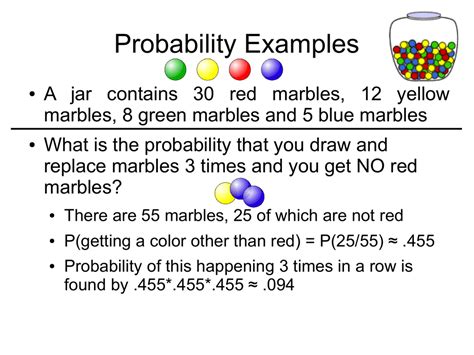 Number of ways it can happen: 1 (there is only 1 face with a "4" on it) Total number of outcomes: 6 (there are 6 faces altogether) So the probability = 1 6. Example: there are 5 marbles in a bag: 4 are blue, and 1 is red.. 