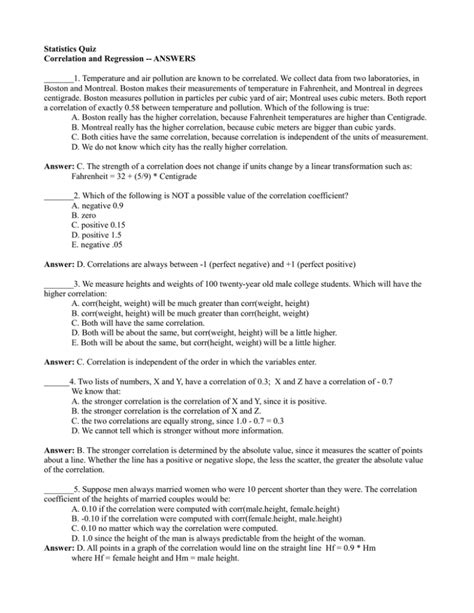 Statistics Quiz Correlation And Regression Answers Answer