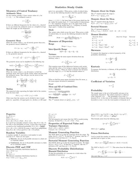 Stats Cheat Sheet PDF Coefficient Of Variation Probability