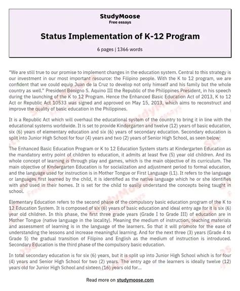 Status Implementation of K-12 Program Free Essay Example